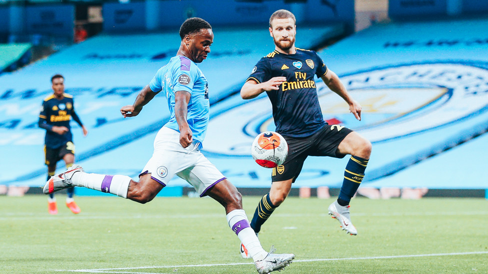 OPENING STRIKE : Sterling smashes home City's first goal against Arsenal as the postponed Premier League season returns to action in June 2020.