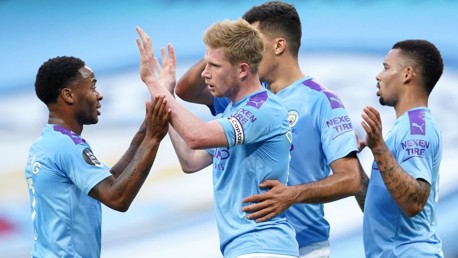 CENTRE OF ATTENTION: De Bruyne is congratulated after netting the opener.