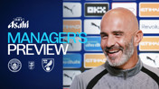 A manager's preview for a match between Manchester City and Norwich City, featuring a smiling individual against a backdrop with logos and sponsors.