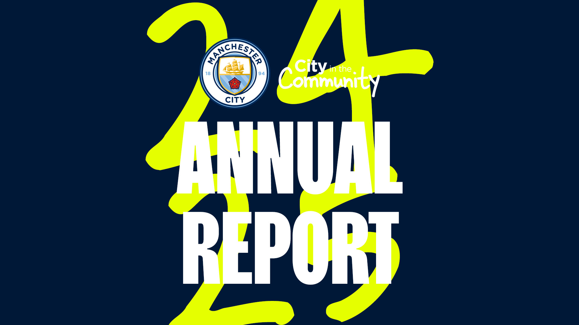 Cover of Manchester City's City in the Community 2024 Annual Report featuring Manchester City crest and bold text.
