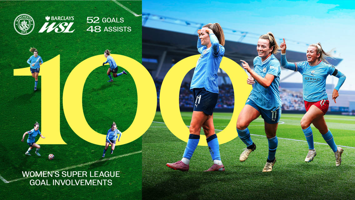 The image celebrates 100 Women's Super League goal involvements by a Manchester City player, featuring the club logo, Barclays WSL logo, statistics of 52 goals and 48 assists, and text highlighting this achievement.
