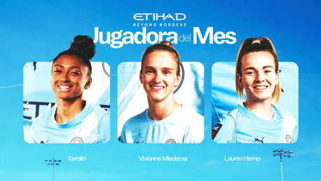 Nominees for Etihad Player of the Month with names Kerolin, Vivianne Miedema, and Lauren Hemp under blurred faces.