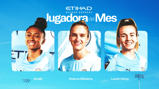 Nominees for Etihad Player of the Month with names Kerolin, Vivianne Miedema, and Lauren Hemp under blurred faces.