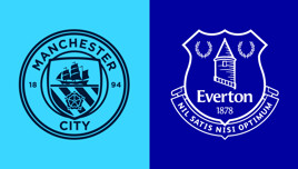 Manchester City and Everton logos side by side on a split background. Manchester City logo on light blue and Everton logo on dark blue.