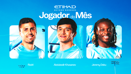 Image showing three candidates for the Manchester City Player of the Month award, sponsored by Etihad. Players are named Rodri, Abdulkodir Khusanov, and Jeremy Doku.