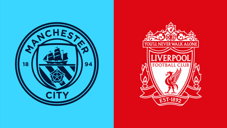 Logos of Manchester City and Liverpool clubs side by side on blue and red backgrounds.