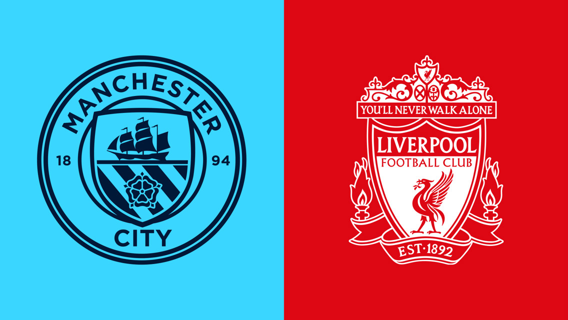 Logos of Manchester City and Liverpool clubs side by side on blue and red backgrounds.