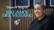A person named Therese Sjögran smiling, with text 'Balance Del Verano' and logos on the side, in a setting that includes wooden panels and framed pictures.