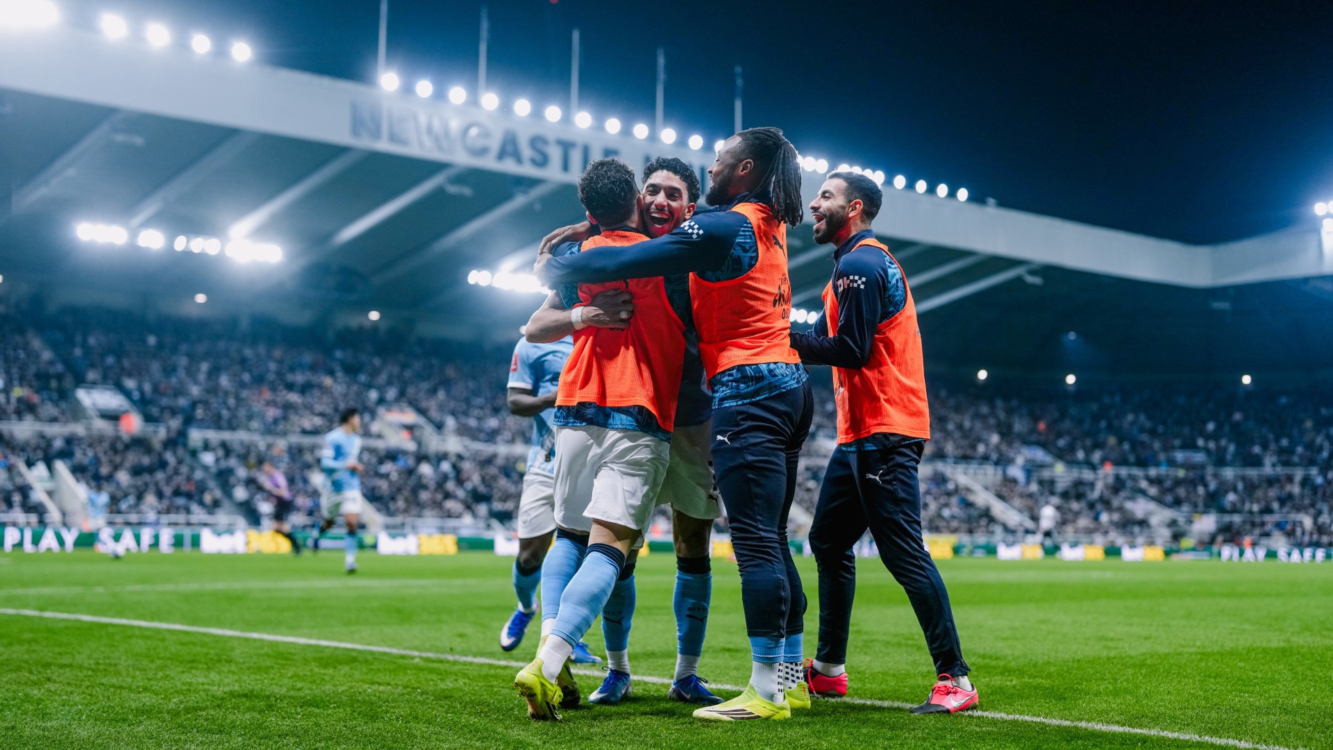 BLUE HEAVEN: The City squad celebrate with Omar Marmoush after his first goal