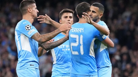 GROUP HUG: Mahrez feels the love from Torres and co!