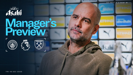 Promotional poster for a Manager's Preview event featuring Manchester City vs West Ham, scheduled for Fri 19 Dec 2025.