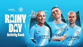 Promotional image for Manchester City's 'Rainy Day Activity Book', featuring Xylem's logo, Manchester City Crest, and blurred images of players in Manchester City jerseys.