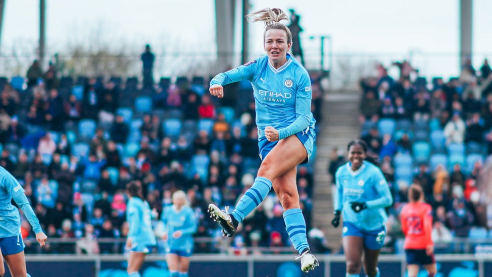 JUMPING FOR JOY: Lauren Hemp after her goal