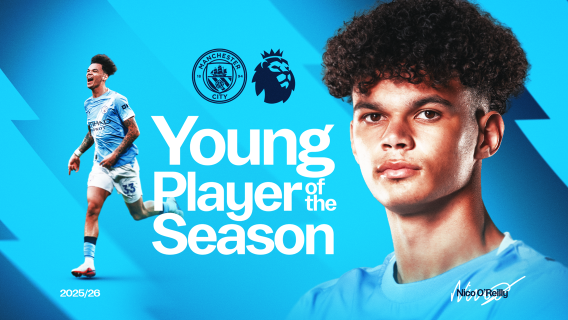 Graphic featuring Manchester City logos and Premier League badge with the text 'Young Player of the Season 2025/26' and a partially covered player in Manchester City kit.