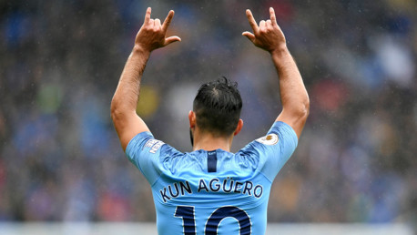 SERGIO SALUTE: Aguero celebrates a goal on his 300th appearance