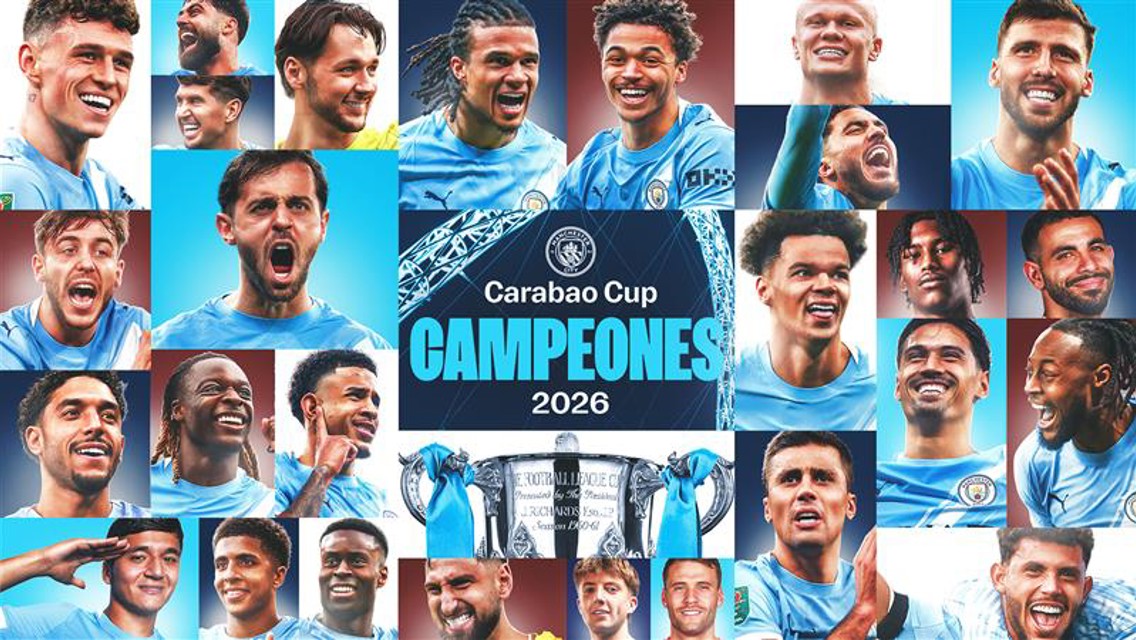 A collage image featuring faceless soccer players in light blue jerseys surrounding text 'Carabao Cup Campeones 2026' and a trophy, indicating a victory celebration.