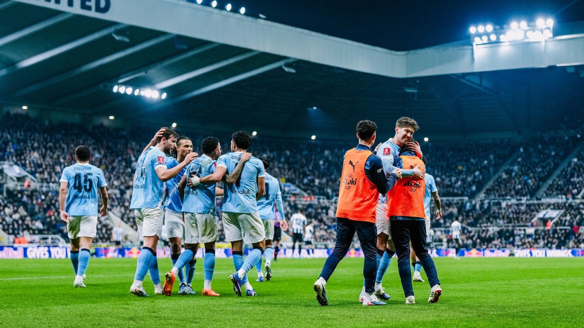 ALL TOGETHER NOW: The City squad celebrate Omar Marmoush's first goal.