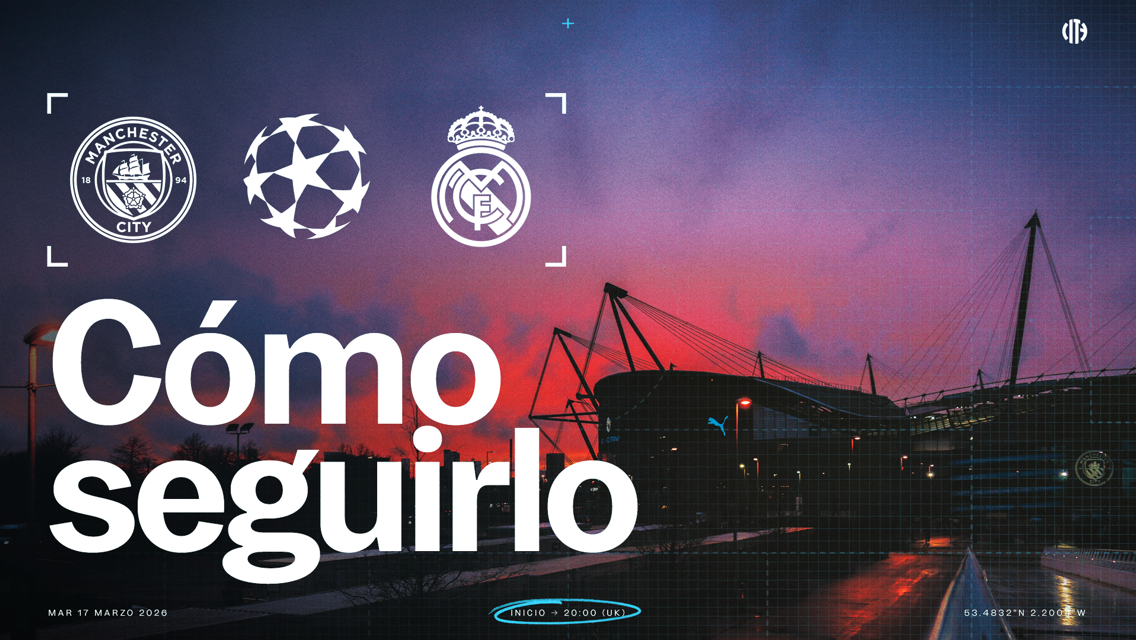 Graphic featuring Manchester City and Real Madrid logos with Champions League emblem, alongside venue image. Text in Spanish: 'Cómo seguirlo' with date and time: Marzo 17, 2026, 20:00 UK.