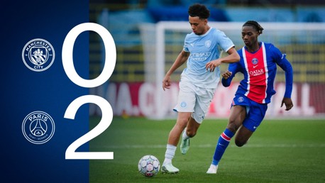 Manchester City vs Paris Saint-Germain match result graphic showing a score of 0-2 with players in action.