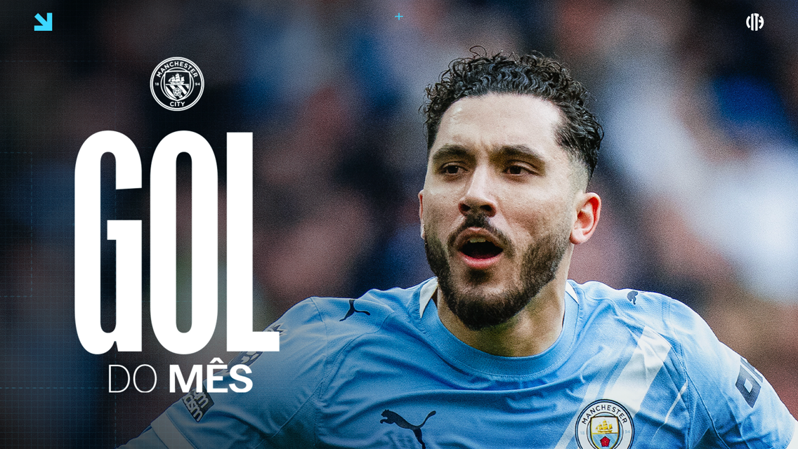 Image features Manchester City logo and text 'GOL DO MÊS' in bold white letters next to a person wearing the team's kit, partially blurred.
