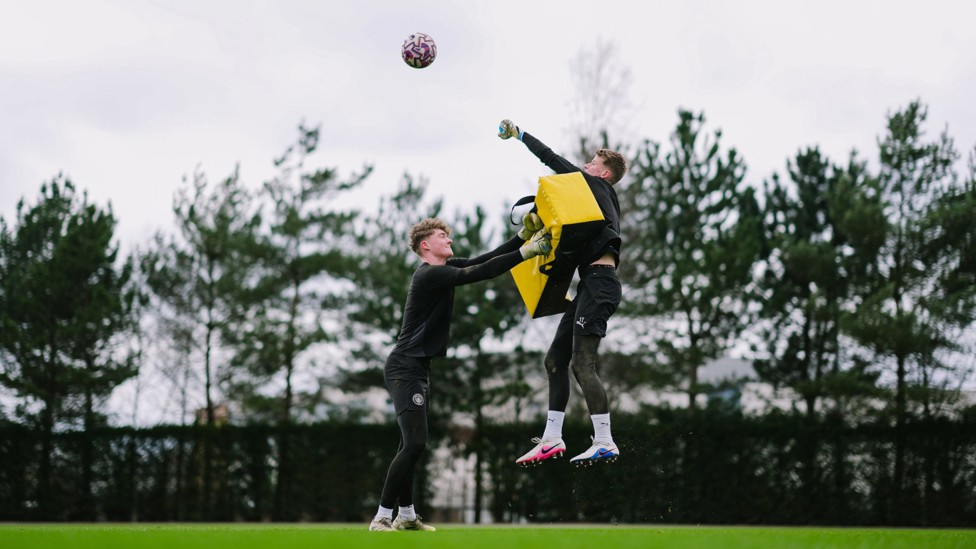 PUSH AND SHOVE : Ben Vickery tests Finley Grigg's range in a unique drill. 
