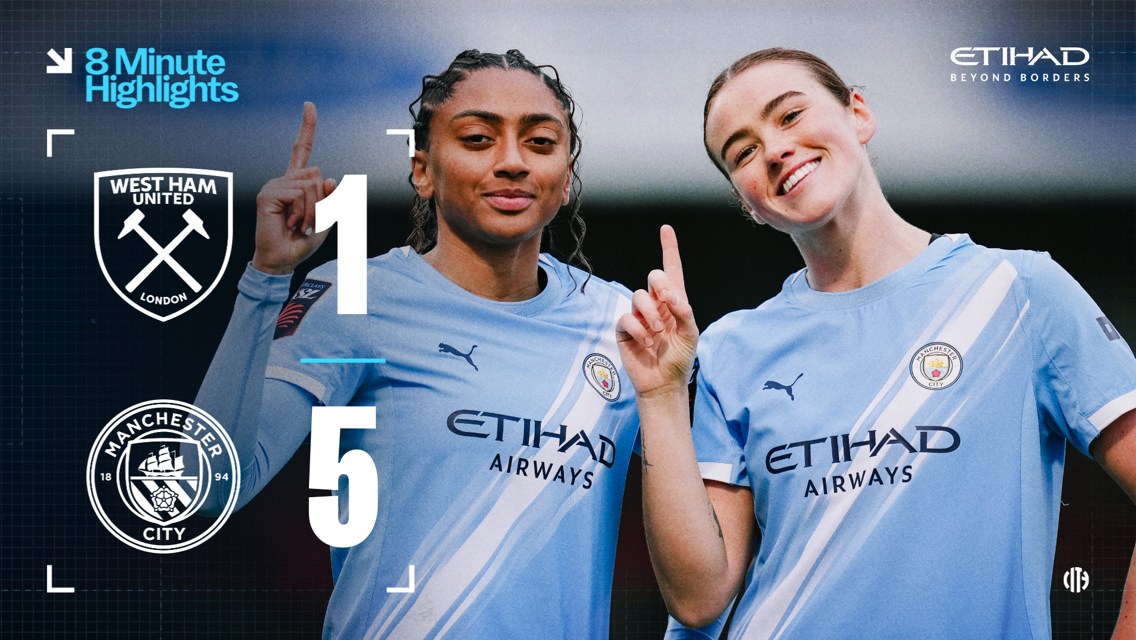 Scoreboard showing Manchester City 5 and West Ham United 1 during an 8-minute highlights feature, with Manchester City players celebrating.