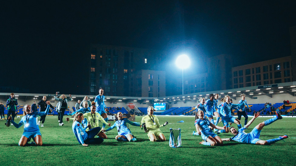 Celebrate good times : The City players celebrated with fans after the game and even partook in a synchronised knee slide