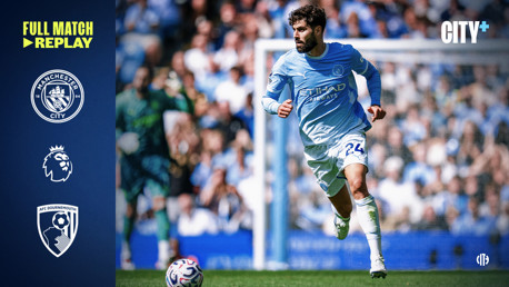 Image promoting a full match replay of Manchester City vs Bournemouth, featuring a player in action on the field during a Premier League game.