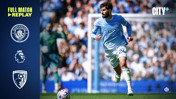 Image promoting a full match replay of Manchester City vs Bournemouth, featuring a player in action on the field during a Premier League game.