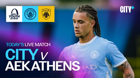 Graphic for a live UEFA Youth League match between Manchester City and AEK Athens. Includes logos of UEFA Youth League, Manchester City, and AEK Athens along with the text 'CITY v AEKATHENS'.