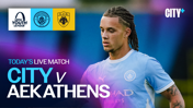 Graphic for a live UEFA Youth League match between Manchester City and AEK Athens. Includes logos of UEFA Youth League, Manchester City, and AEK Athens along with the text 'CITY v AEKATHENS'.