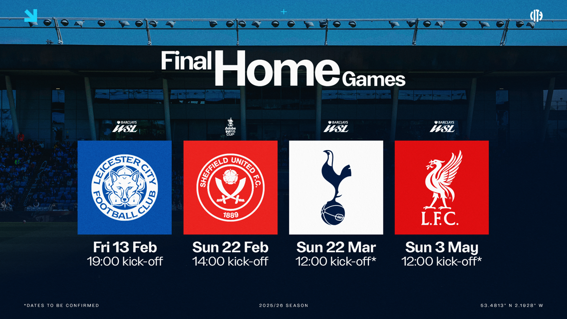 Graphic showing final home games for a football team in the 2025/26 season against Leicester City, Sheffield United, Tottenham Hotspur, and Liverpool with dates and kick-off times.