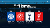 Graphic showing final home games for a football team in the 2025/26 season against Leicester City, Sheffield United, Tottenham Hotspur, and Liverpool with dates and kick-off times.