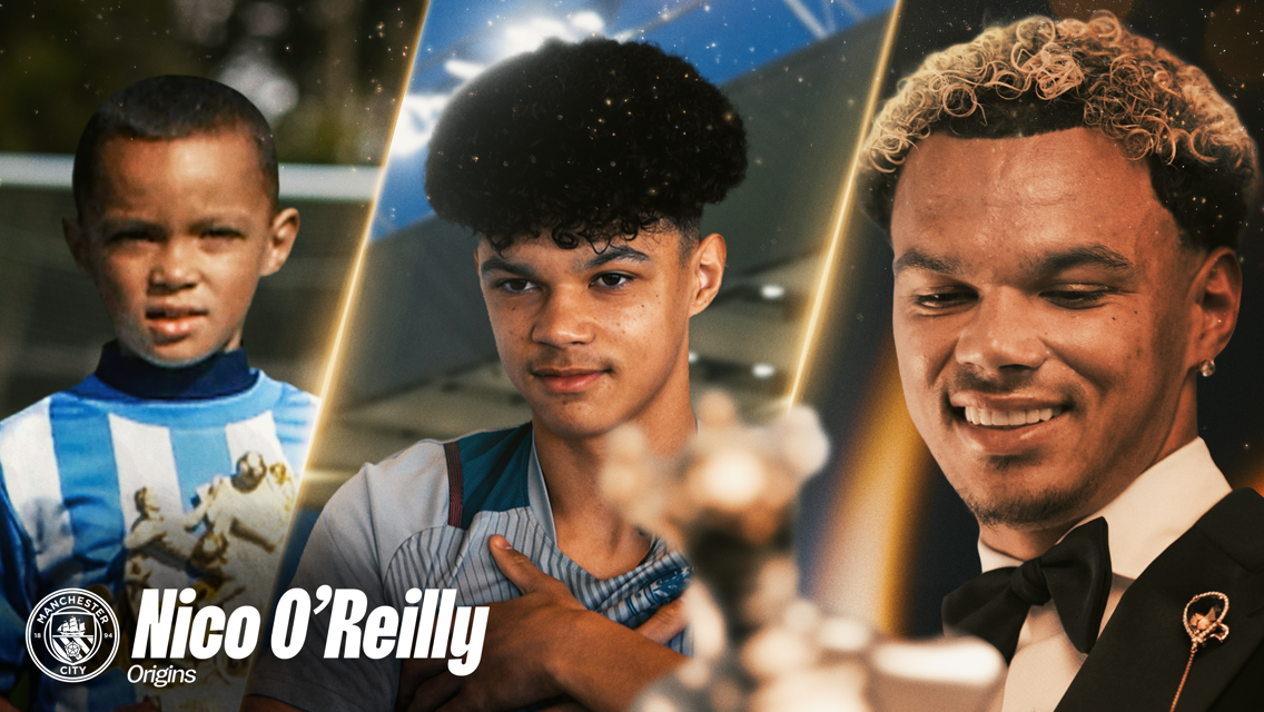 Collage of three images showing Nico O'Reilly at different ages. Left: childhood football photo, center: teenage in uniform, right: formal suit with Manchester City logo. Text reads 'Nico O'Reilly Origins'.