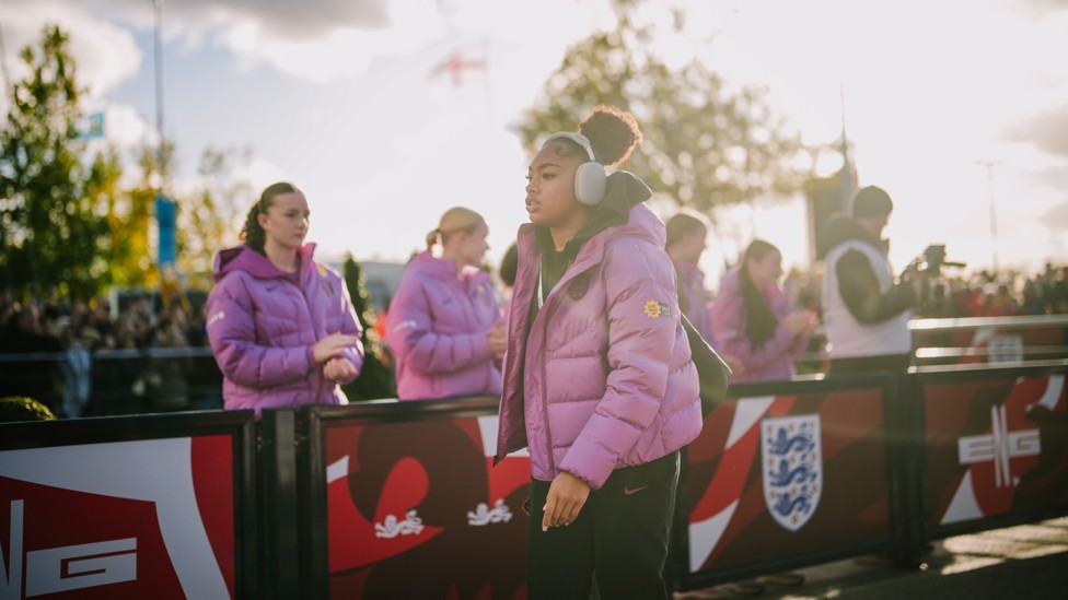FOCUSED : Khiara Keating has her game face on as she steps off the England bus. 