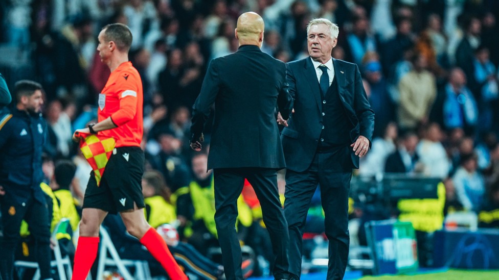 THRILLER : Pep Guardiola and Carlo Ancelotti shake hands after another classic meeting between the sides