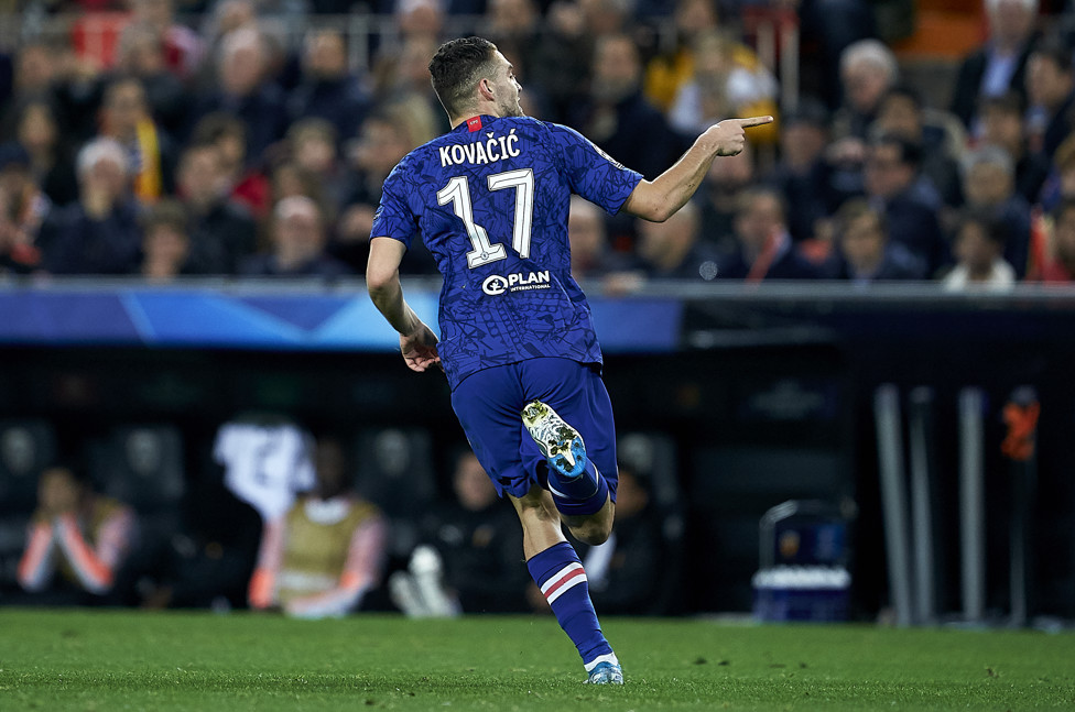 THE ICONIC POINT : Kovacic’s signature celebration, which is pictured in full flow, as he celebrates his goal during Chelsea’s Champions League game against Valencia in November 2019