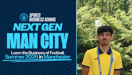 Manchester City Sports Business School promotional graphic for Summer 2026 event in Manchester and a person wearing a yellow polo shirt is partially visible on the right.