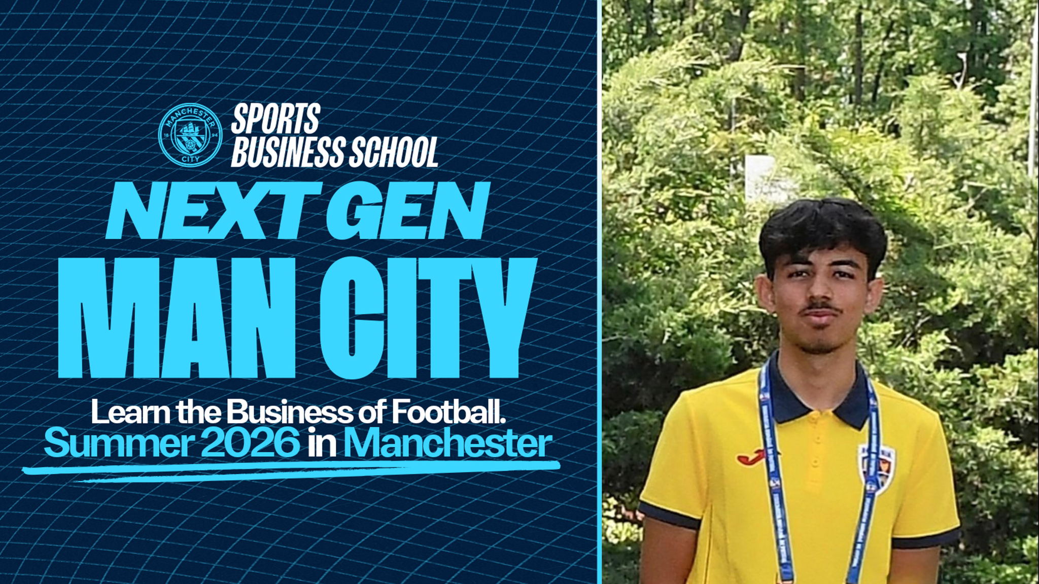Manchester City Sports Business School promotional graphic for Summer 2026 event in Manchester and a person wearing a yellow polo shirt is partially visible on the right.