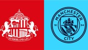An image showing the logos of Sunderland A.F.C. and Manchester City. Sunderland's logo is on the left with a red background, while Manchester City's logo is on the right with a light blue background.