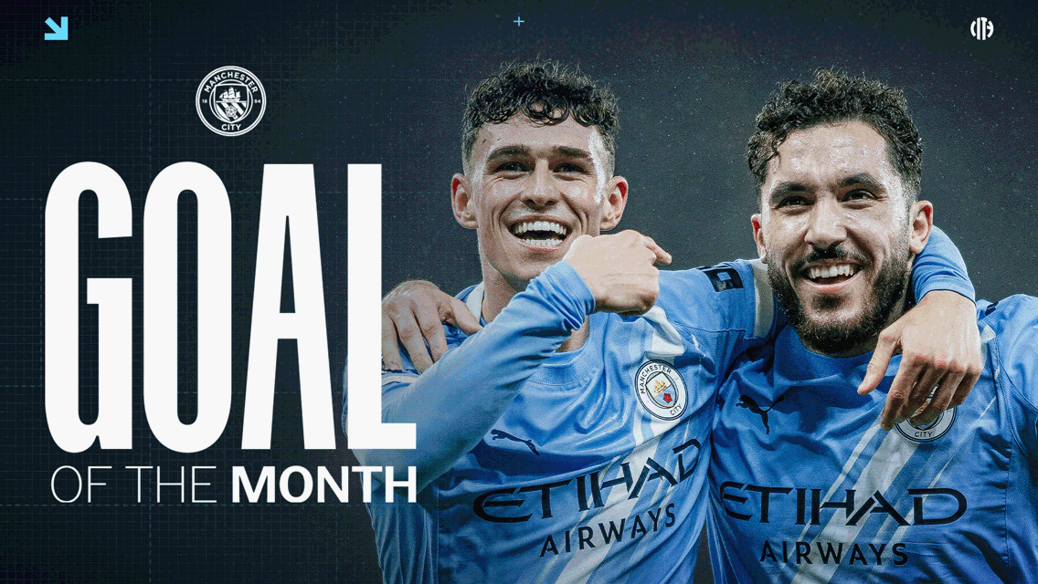 Banner featuring Manchester City players celebrating with 'Goal of the Month' text and club logo.