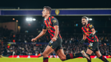 DEADLOCK BROKEN: Rodri wheels away to celebrate his goal in first-half stoppage time.