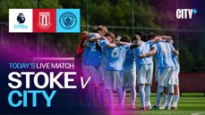 Promotional image for a live U18 match between Stoke City and Manchester City, featuring a team huddle and logos of the Premier League U18, Stoke City, and Manchester City.