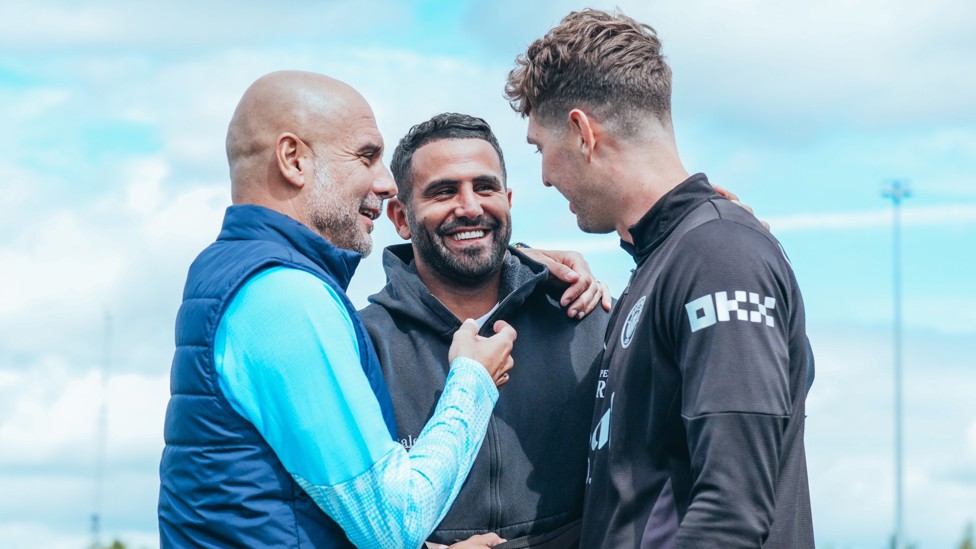 FRIENDS REUNITED : Riyad Mahrez with Pep Guardiola and John Stones