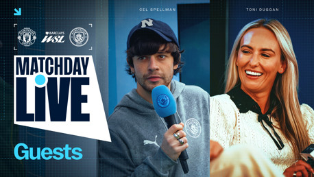 Matchday Live guests for the Manchester United vs Manchester City WSL match, featuring blurred faces of two people holding Manchester City branded items.