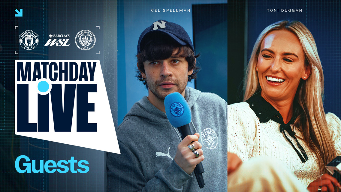 Matchday Live guests for the Manchester United vs Manchester City WSL match, featuring blurred faces of two people holding Manchester City branded items.