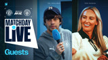Matchday Live guests for the Manchester United vs Manchester City WSL match, featuring blurred faces of two people holding Manchester City branded items.