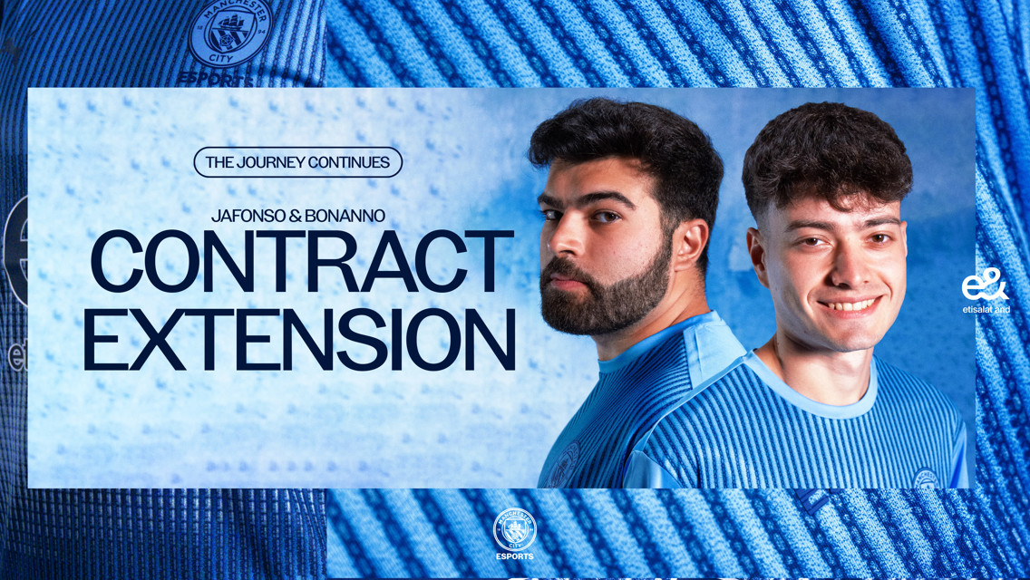 Image announcing the contract extension of Jafonso and Bonanno with Manchester City Esports. The background includes the Manchester City logo and sponsors.