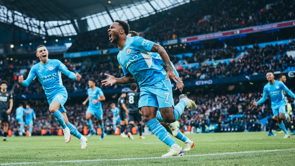 STERLING CENTURY : Raheem Sterling celebrates his 100th Premier League goal after finding the net against Wolves, 11th December 2021.