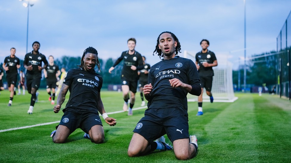 WINNER : Kaiden Braithwaite celebrates giving City the lead